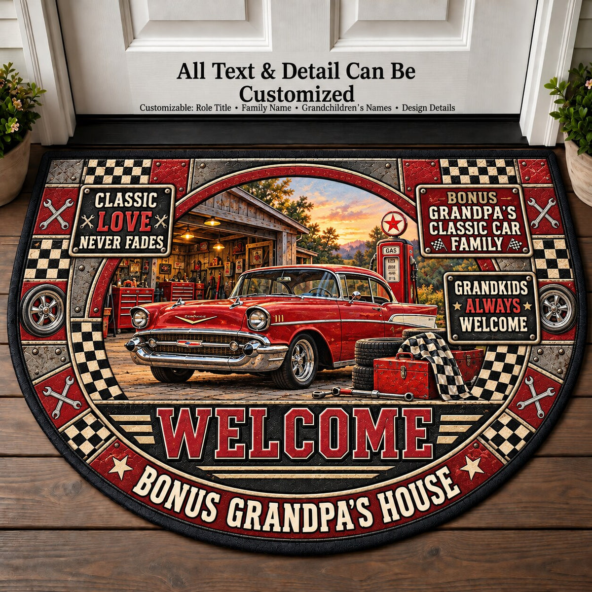 Bonus Grandpa's Classic Car Family Personalized Half Round Mat | 5To9Vibe