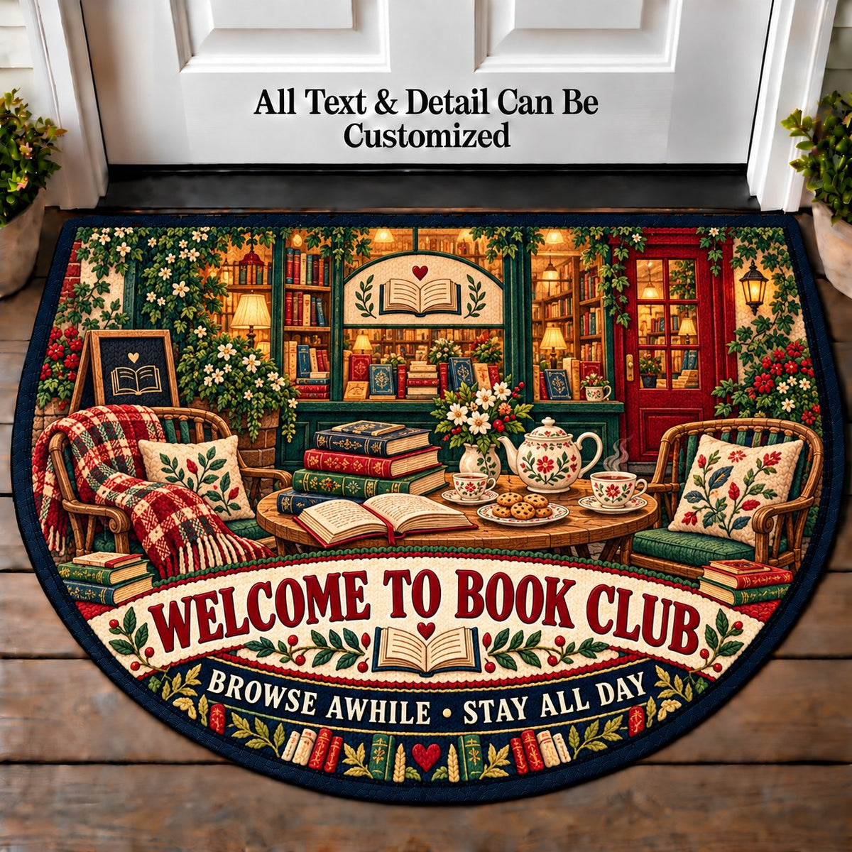 Bookshop Afternoon - Book Club Friends Personalized Half Round Mat | 5To9Vibe