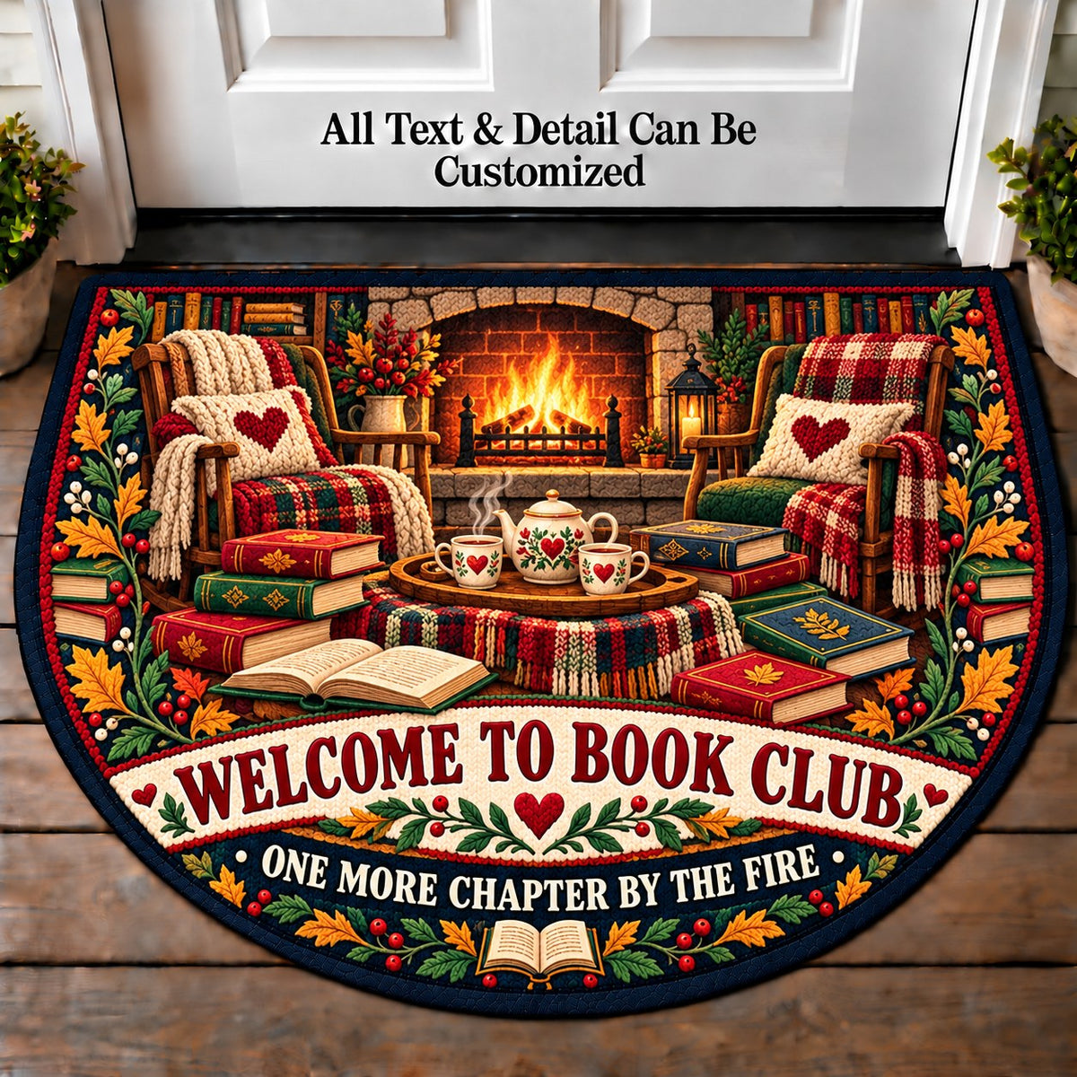 Cozy Fireplace - Book Club Friends Personalized Half Round Mat | 5To9Vibe