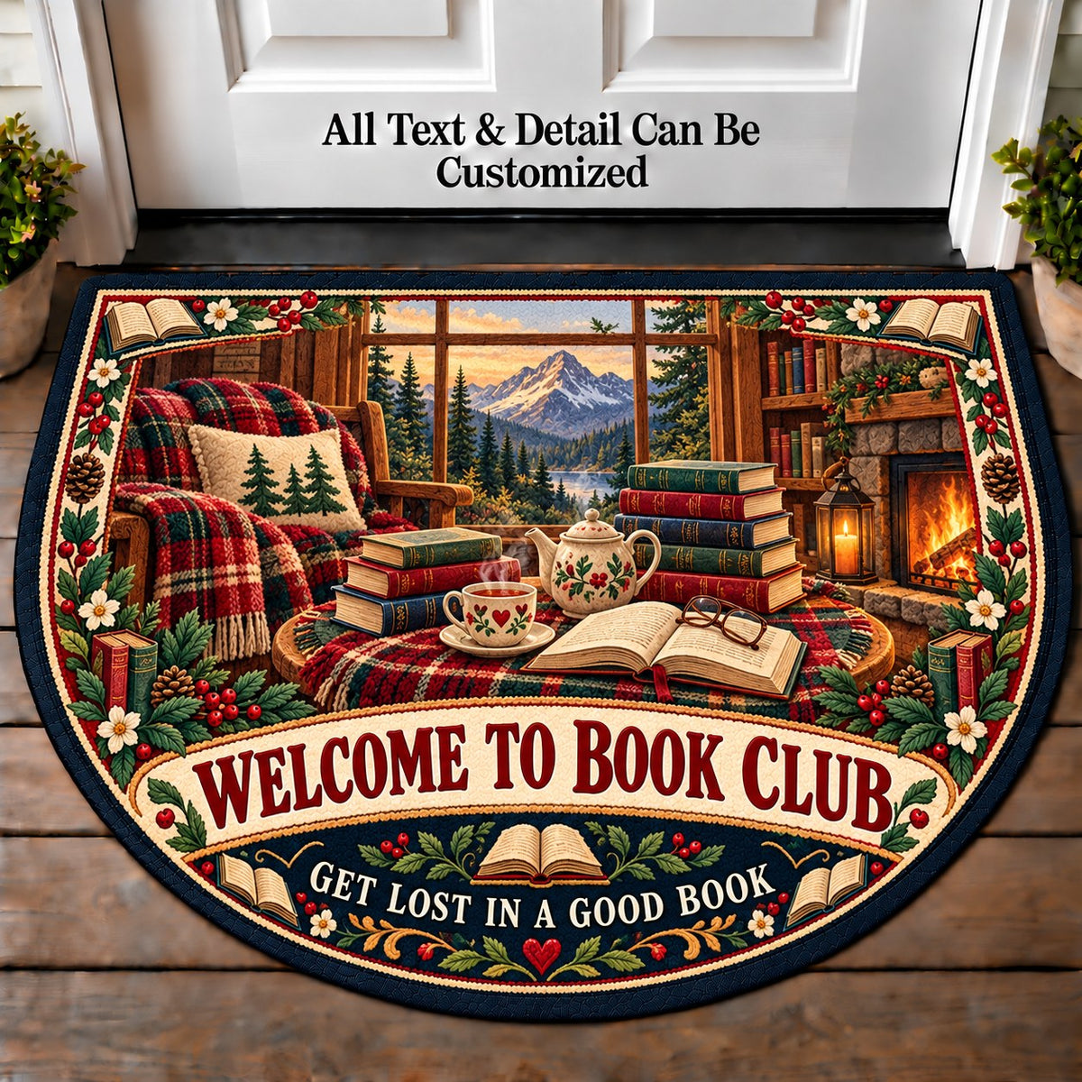 Mountain Cabin Library - Book Club Friends Personalized Half Round Mat | 5To9Vibe