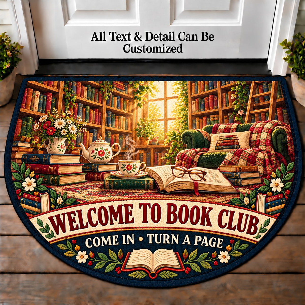Sunlit Library - Book Club Friends Personalized Half Round Mat | 5To9Vibe