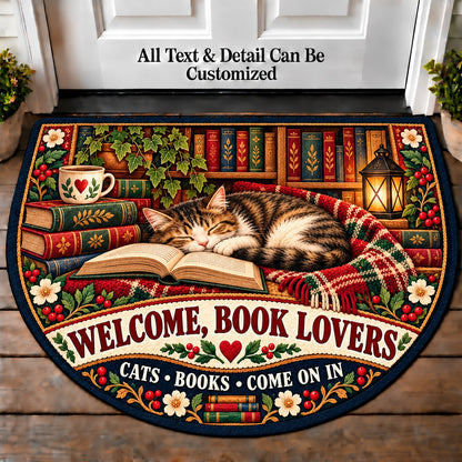 Books and Cats - Book Lovers Personalized Half Round Mat | 5To9Vibe