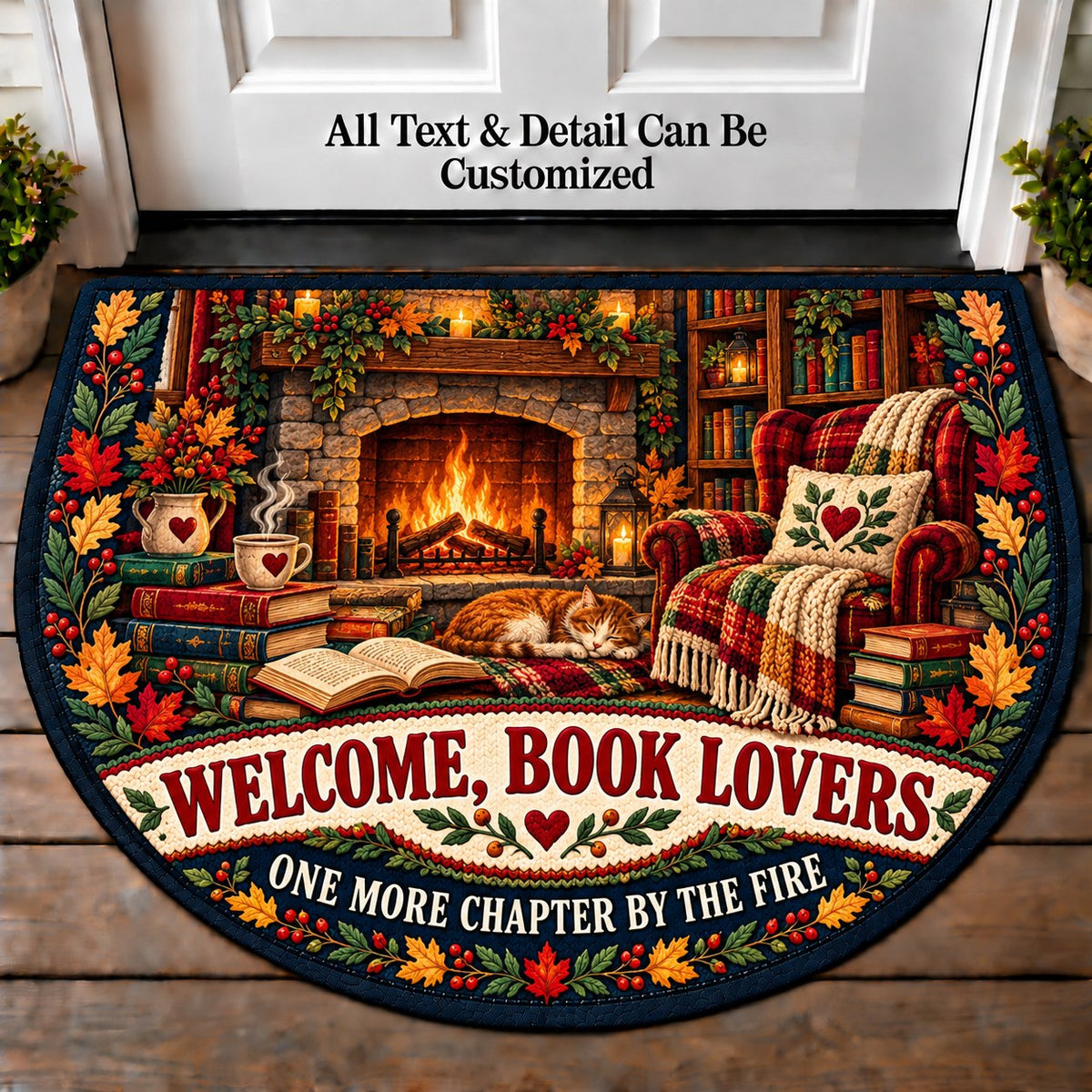 Cozy Fireplace - Book Lovers Personalized Half Round Mat | 5To9Vibe