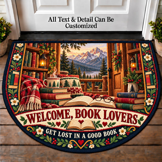 Mountain Cabin Library - Book Lovers Personalized Half Round Mat | 5To9Vibe
