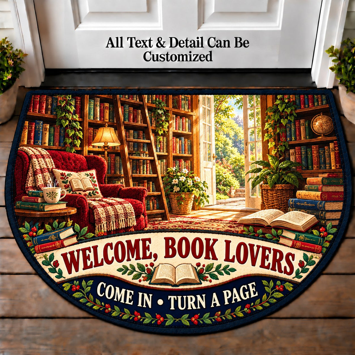Sunlit Library - Book Lovers Personalized Half Round Mat | 5To9Vibe