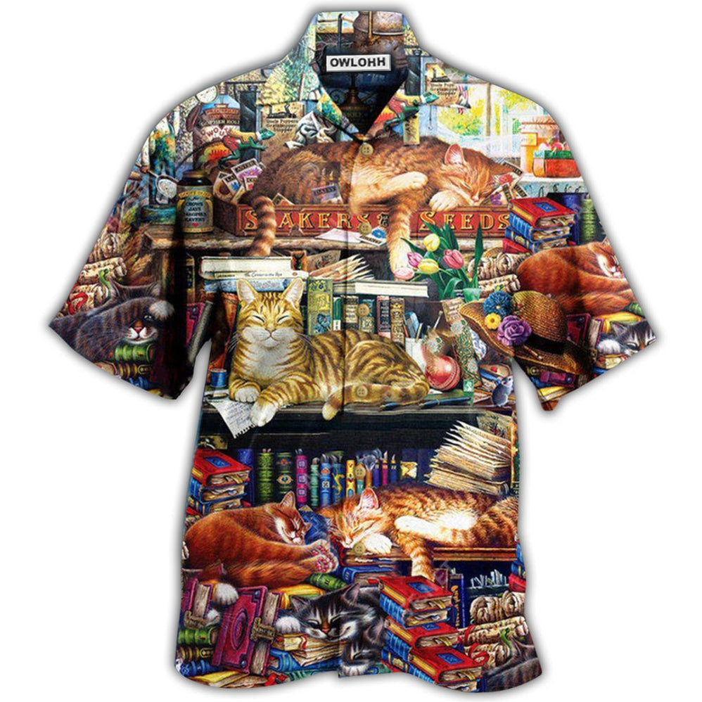 Hawaiian Shirt / Adults / S Cat Sleeping With Books Happiness Is A Good Book - Hawaiian Shirt 
