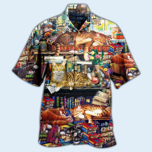 Cat Sleeping With Books Happiness Is A Good Book - Hawaiian Shirt 