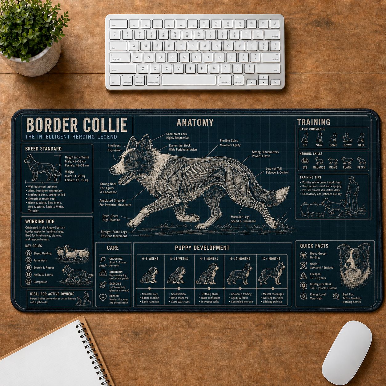Border Collie Dog Breed Visual Guide Desk Mat | 5To9Vibe