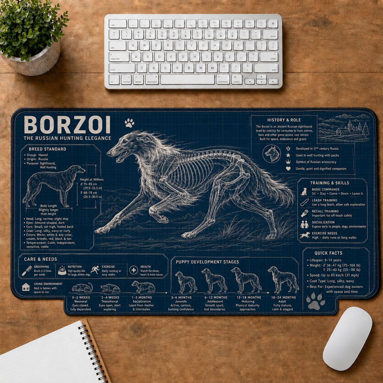 Borzoi Dog Breed Visual Guide Desk Mat | 5To9Vibe