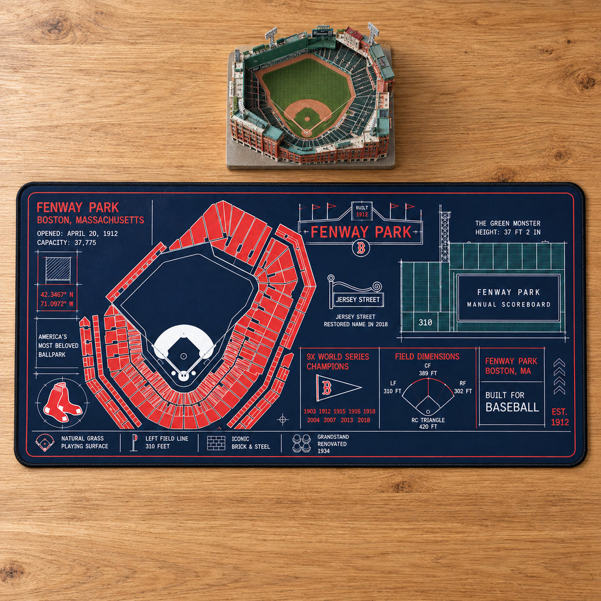Boston Red Sox Fenway Park blueprint desk mat, 16" x 32", on a wooden desk with a decorative stadium model