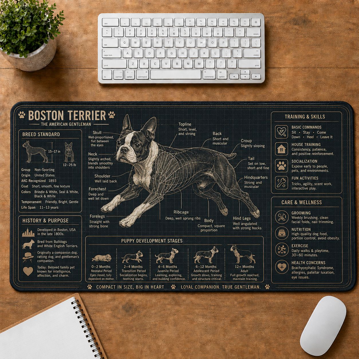 Boston Terrier Dog Breed Visual Guide Desk Mat | 5To9Vibe