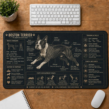 Boston Terrier Dog Breed Visual Guide Desk Mat | 5To9Vibe