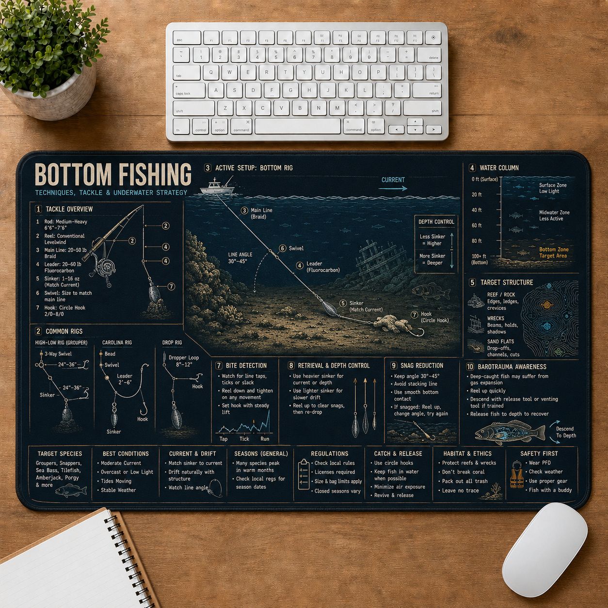 Bottom Fishing Fishing Field Guide Desk Mat | 5To9Vibe