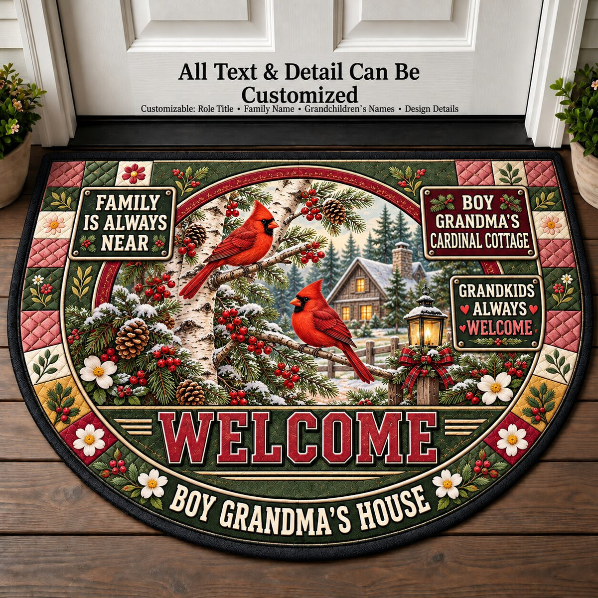 Boy Grandma's Cardinal Cottage Personalized Half Round Mat | 5To9Vibe