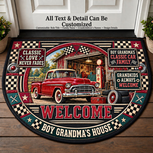 Boy Grandma's Classic Car Family Personalized Half Round Mat | 5To9Vibe