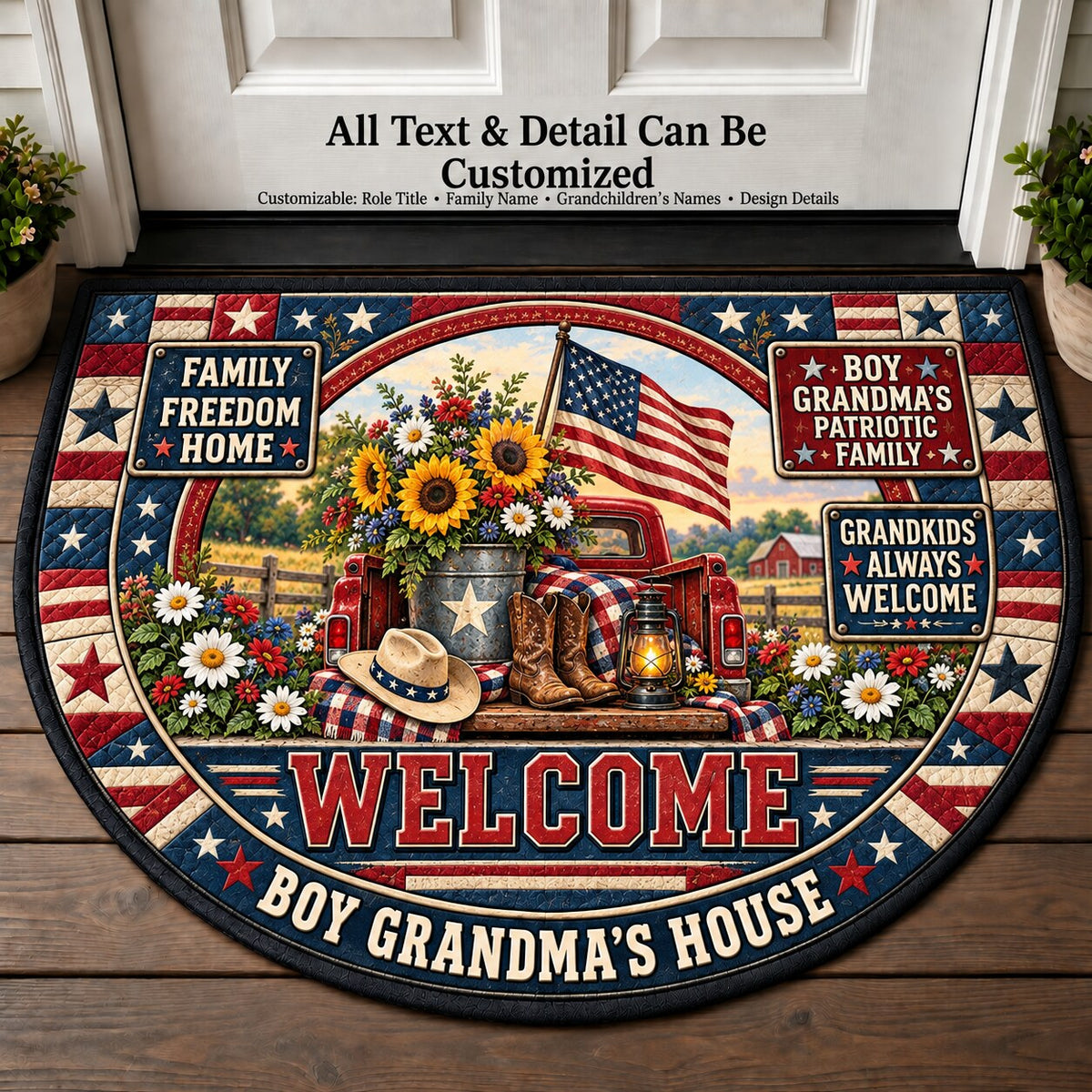 Boy Grandma's Patriotic Family Personalized Half Round Mat | 5To9Vibe