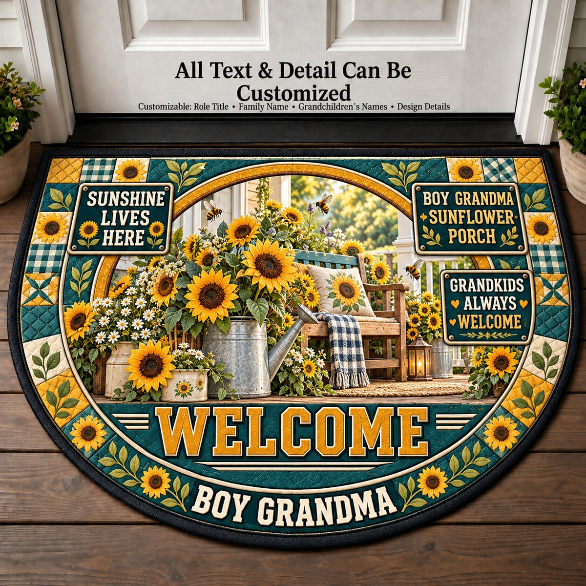Boy Grandma's Sunflower Porch Personalized Half Round Mat | 5To9Vibe