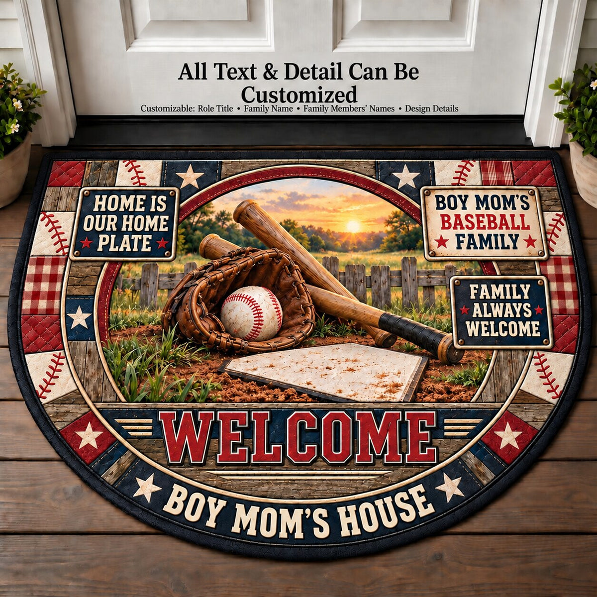 Boy Mom's Baseball Family Personalized Half Round Mat | 5To9Vibe