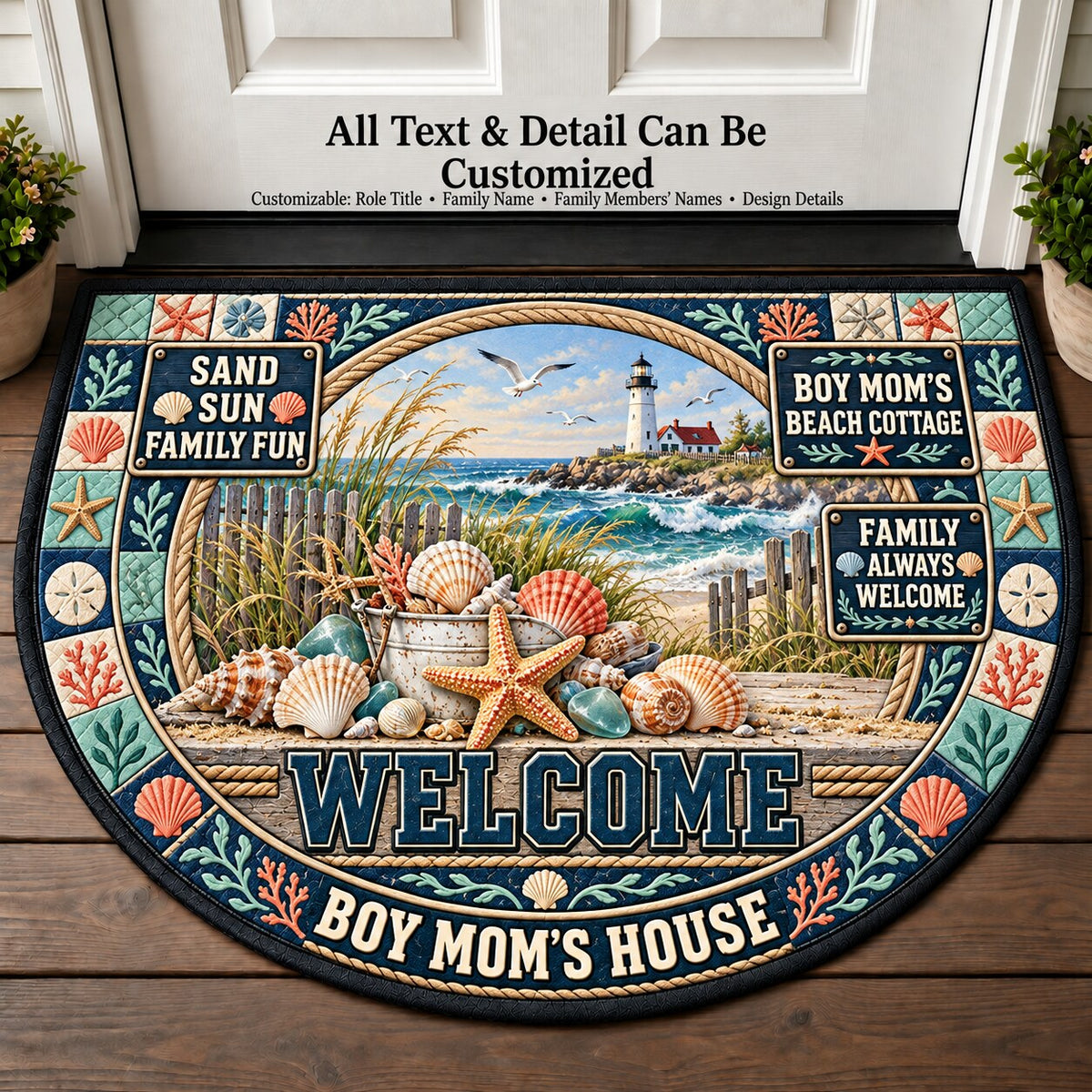 Boy Mom's Beach Cottage Personalized Half Round Mat | 5To9Vibe