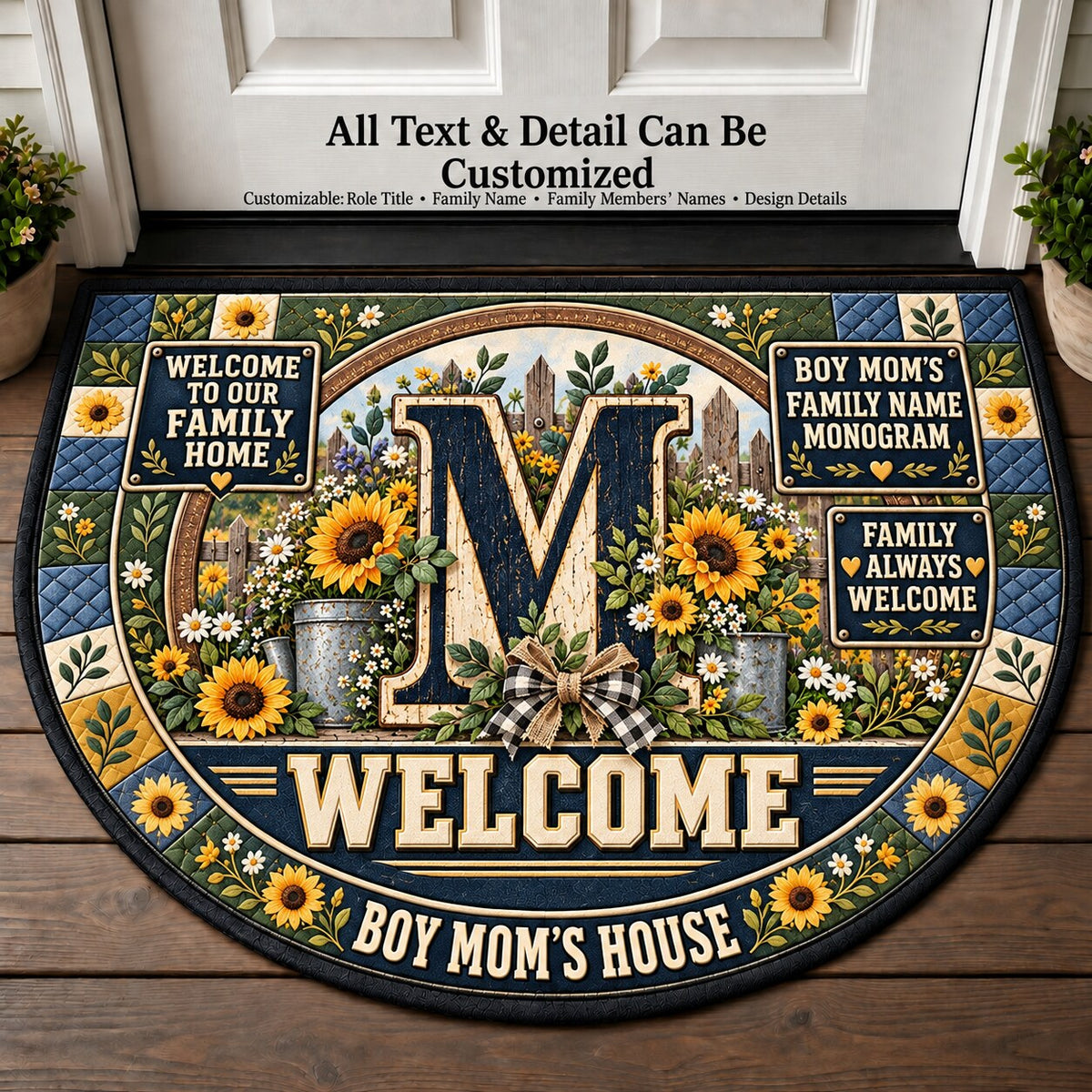 Boy Mom's Family Name Monogram Personalized Half Round Mat | 5To9Vibe
