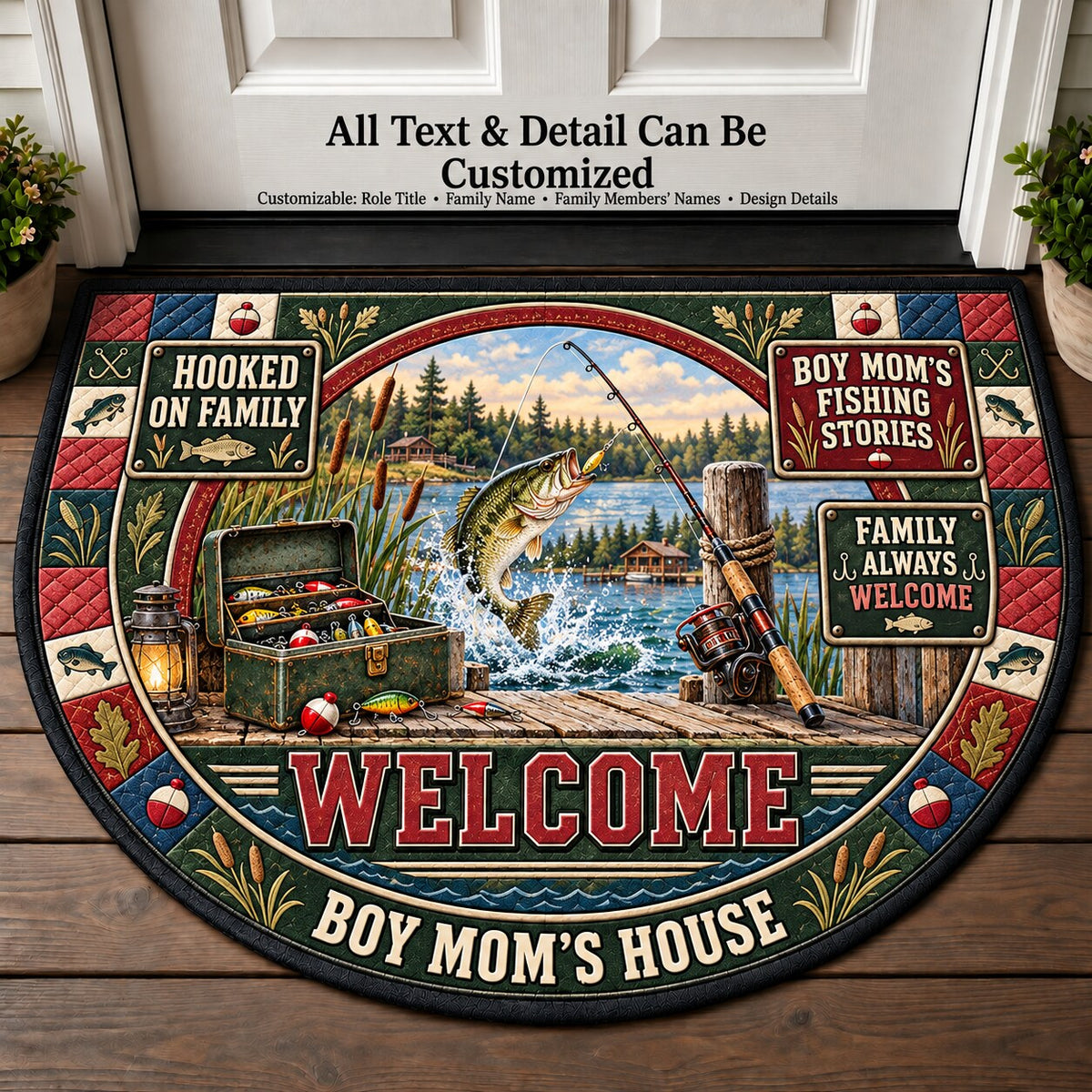 Boy Mom's Fishing Stories Personalized Half Round Mat | 5To9Vibe