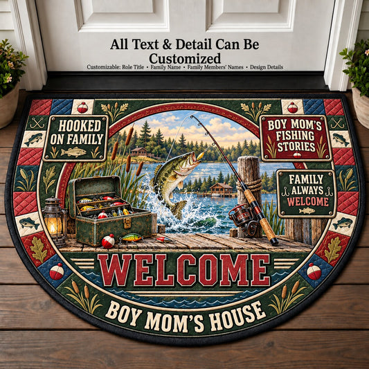Boy Mom's Fishing Stories Personalized Half Round Mat | 5To9Vibe