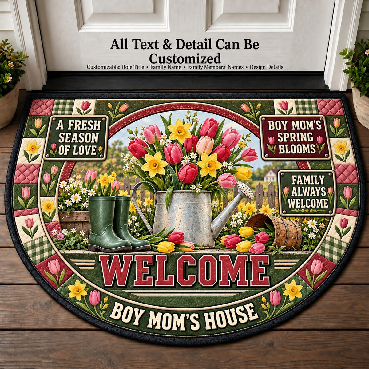 Boy Mom's Spring Blooms Personalized Half Round Mat | 5To9Vibe