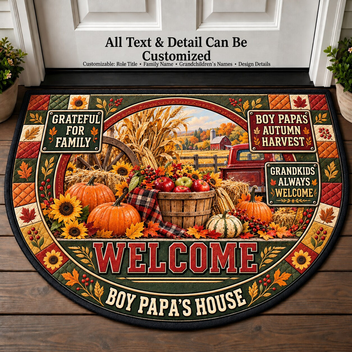 Boy Papa's Autumn Harvest Personalized Half Round Mat | 5To9Vibe