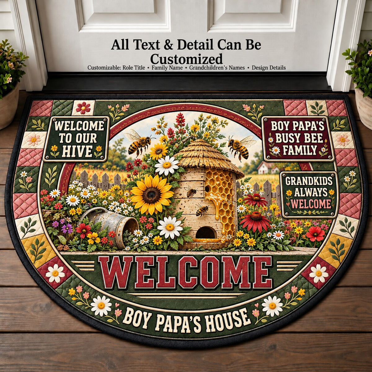 Boy Papa's Busy Bee Family Personalized Half Round Mat | 5To9Vibe