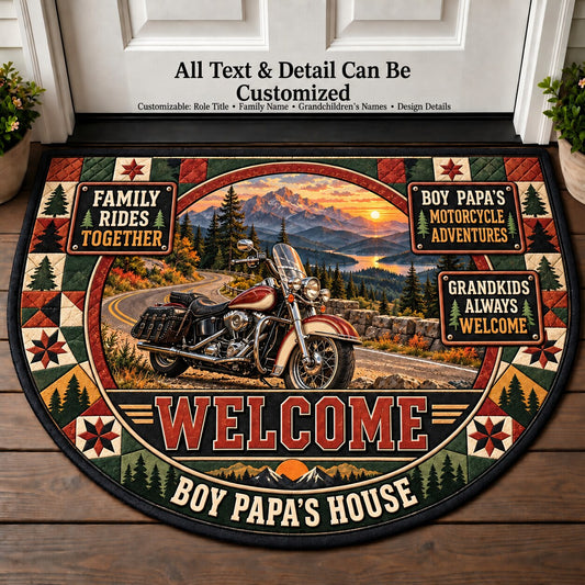Boy Papa's Motorcycle Adventures Personalized Half Round Mat | 5To9Vibe