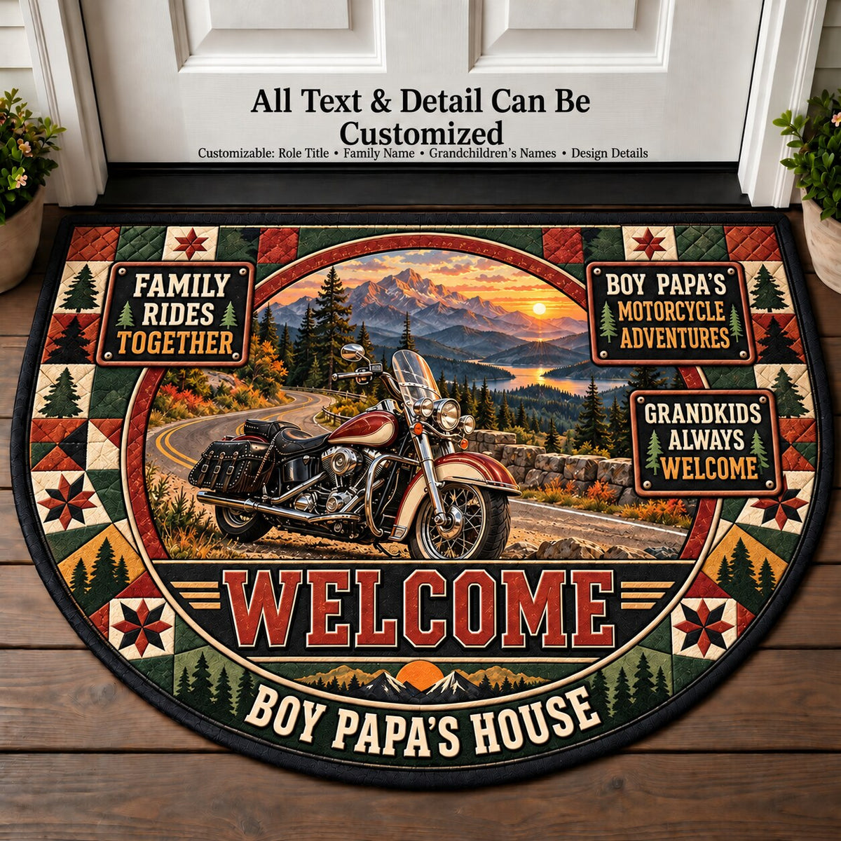 Boy Papa's Motorcycle Adventures Personalized Half Round Mat | 5To9Vibe