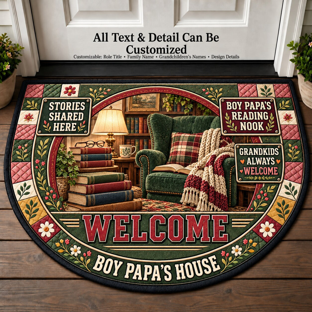Boy Papa's Reading Nook Personalized Half Round Mat | 5To9Vibe