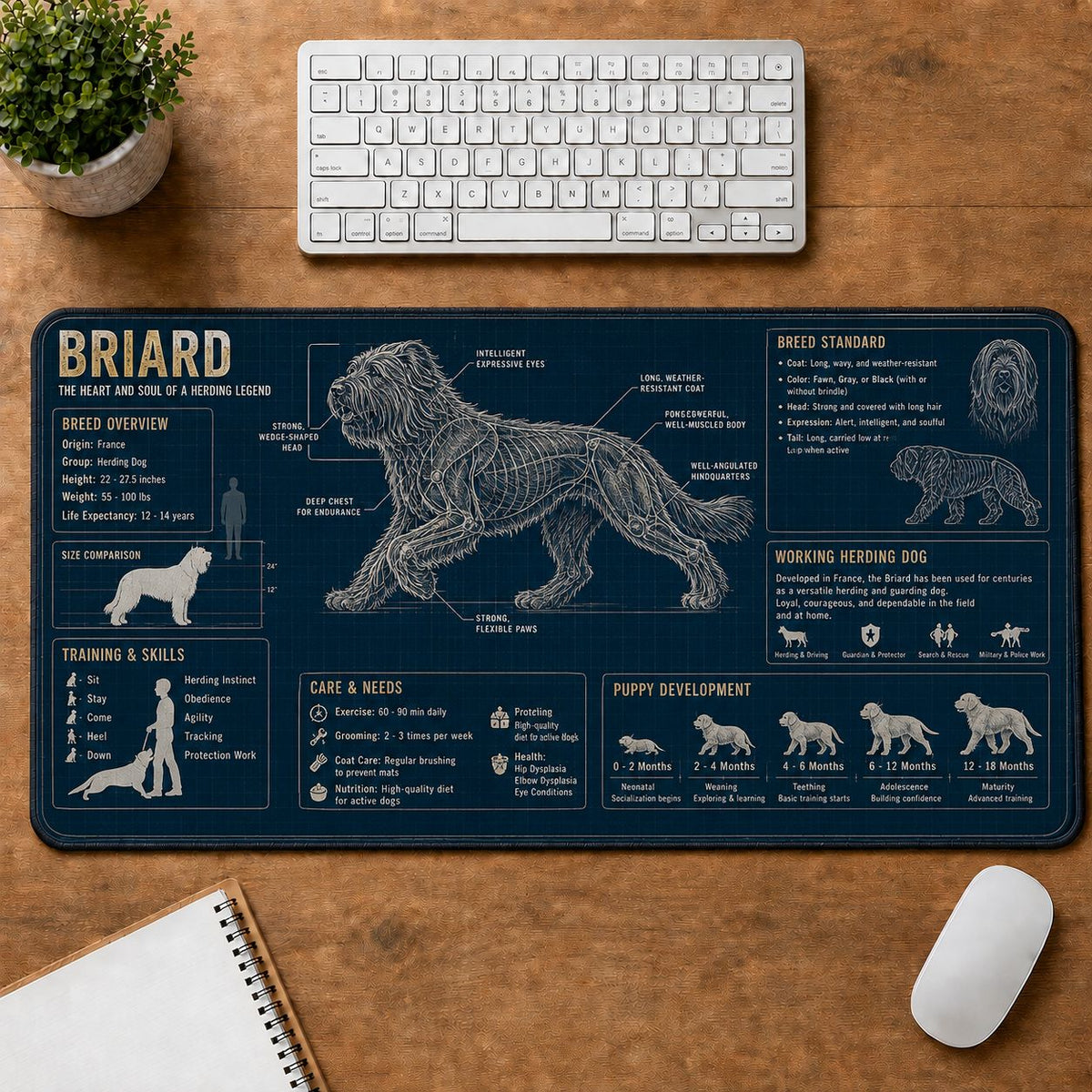 Briard Dog Breed Visual Guide Desk Mat | 5To9Vibe