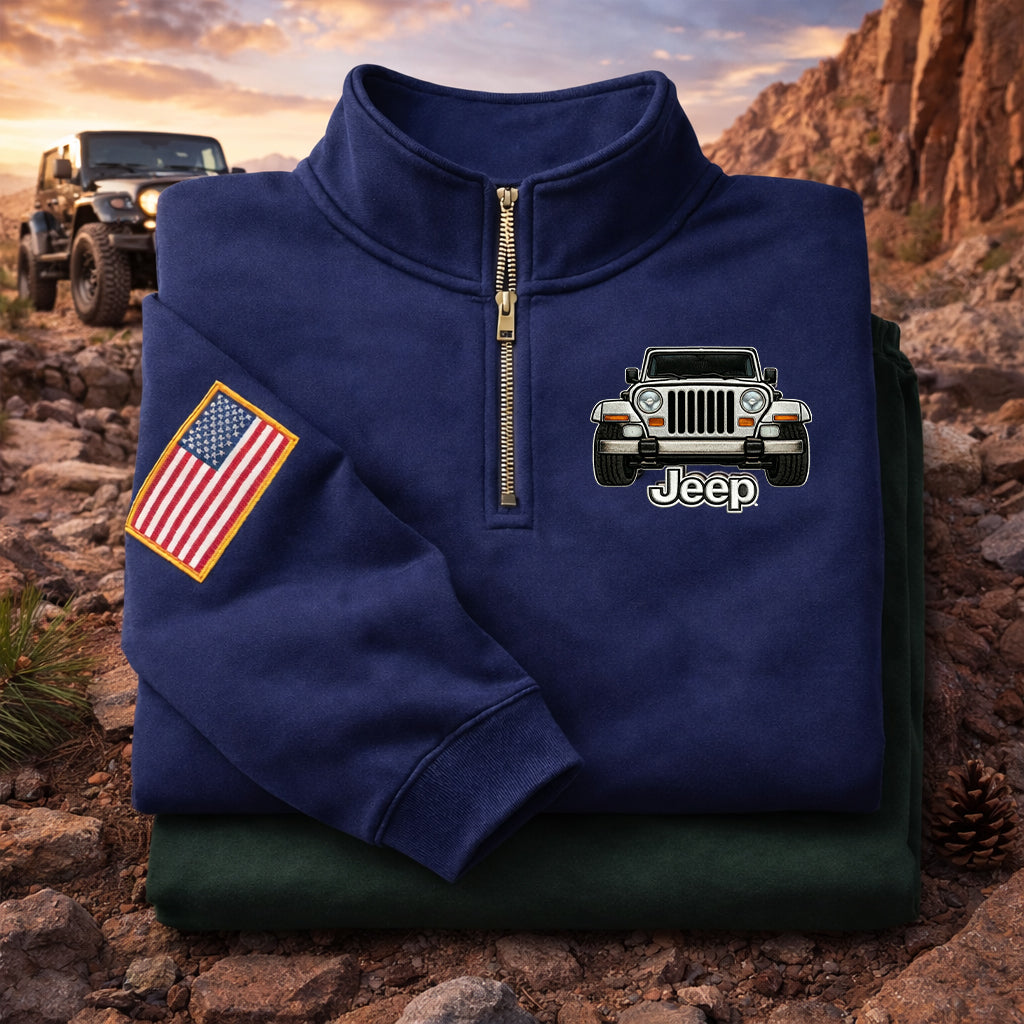 Sudadera prémium unisex Jeep bordada con cremallera de cuarto, suéter con cremallera de cuarto inspirado