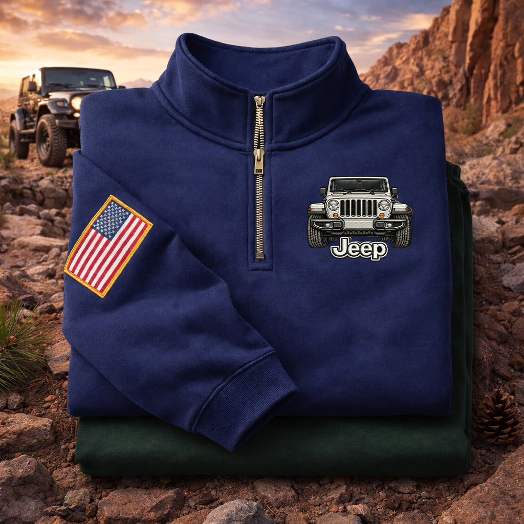 Sudadera prémium unisex Jeep bordada con cremallera de cuarto, suéter con cremallera de cuarto inspirado