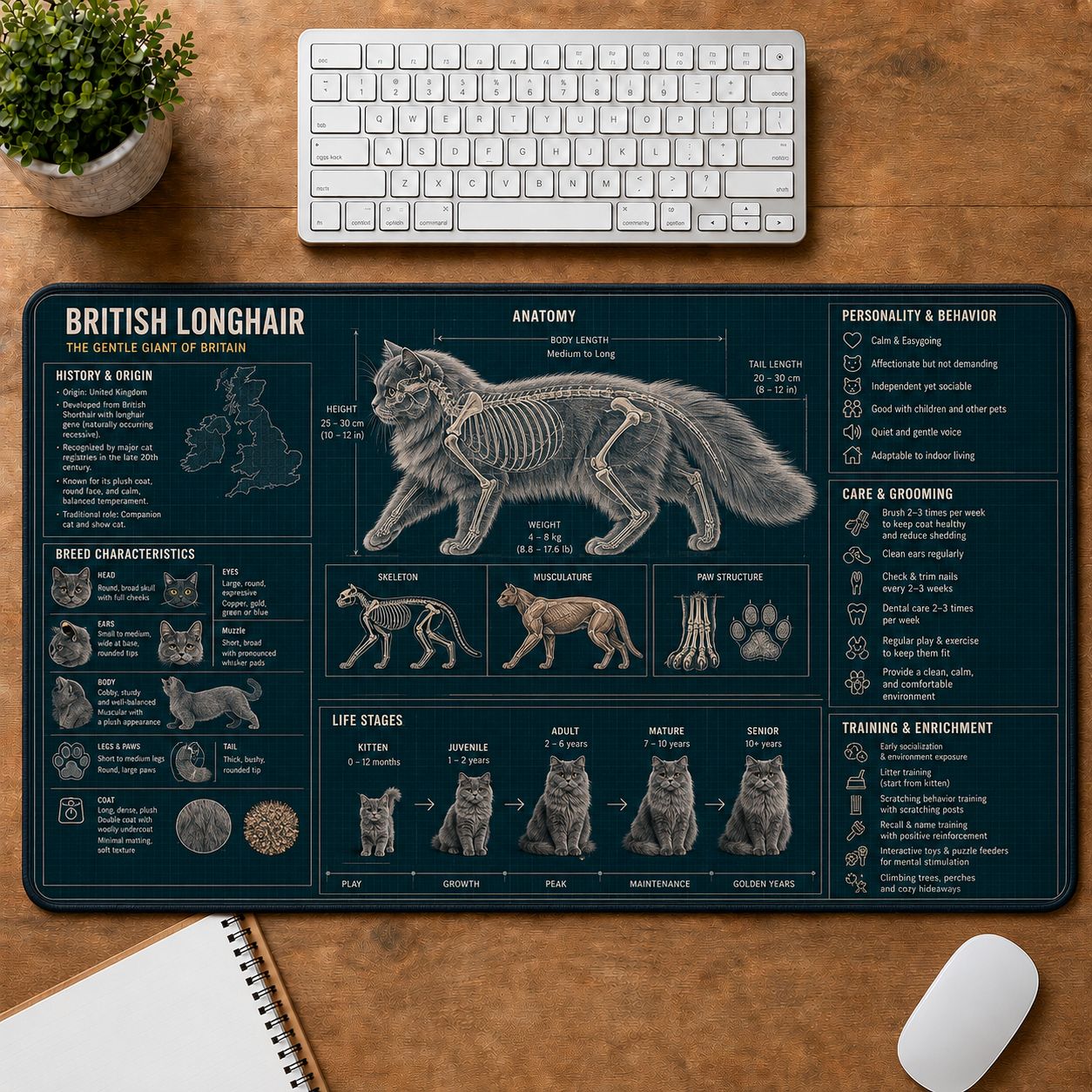 British Longhair Cat Breed Desk Mat Anatomy Guide | 5To9Vibe