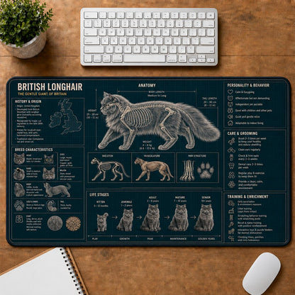 British Longhair Cat Breed Desk Mat Anatomy Guide | 5To9Vibe