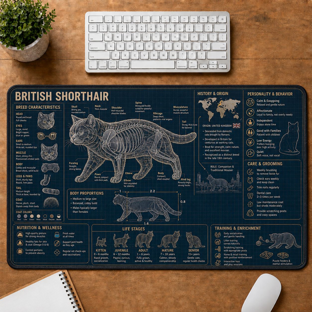 British Shorthair Cat Breed Desk Mat Anatomy Guide | 5To9Vibe