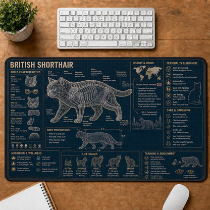 British Shorthair Cat Breed Desk Mat Anatomy Guide | 5To9Vibe