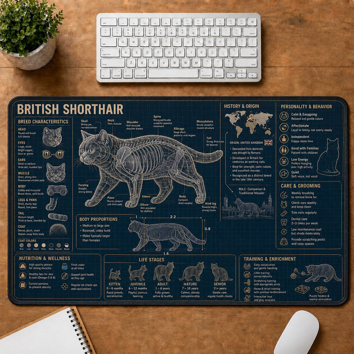 British Shorthair Cat Breed Desk Mat Anatomy Guide | 5To9Vibe