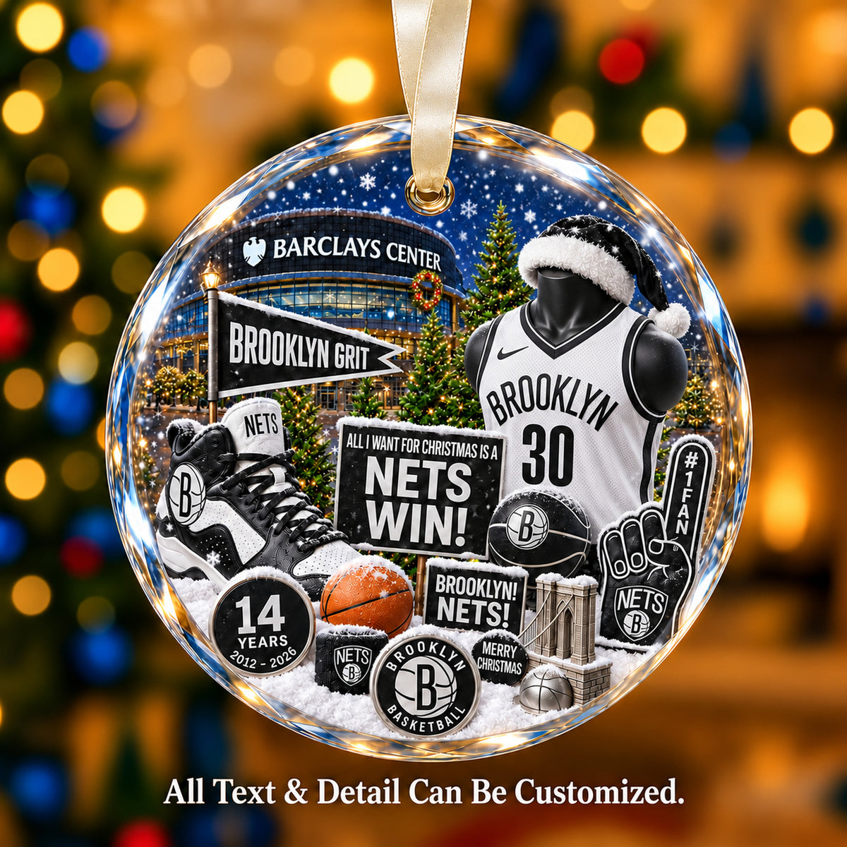 Brooklyn Nets Snow Globe Glass Ornament