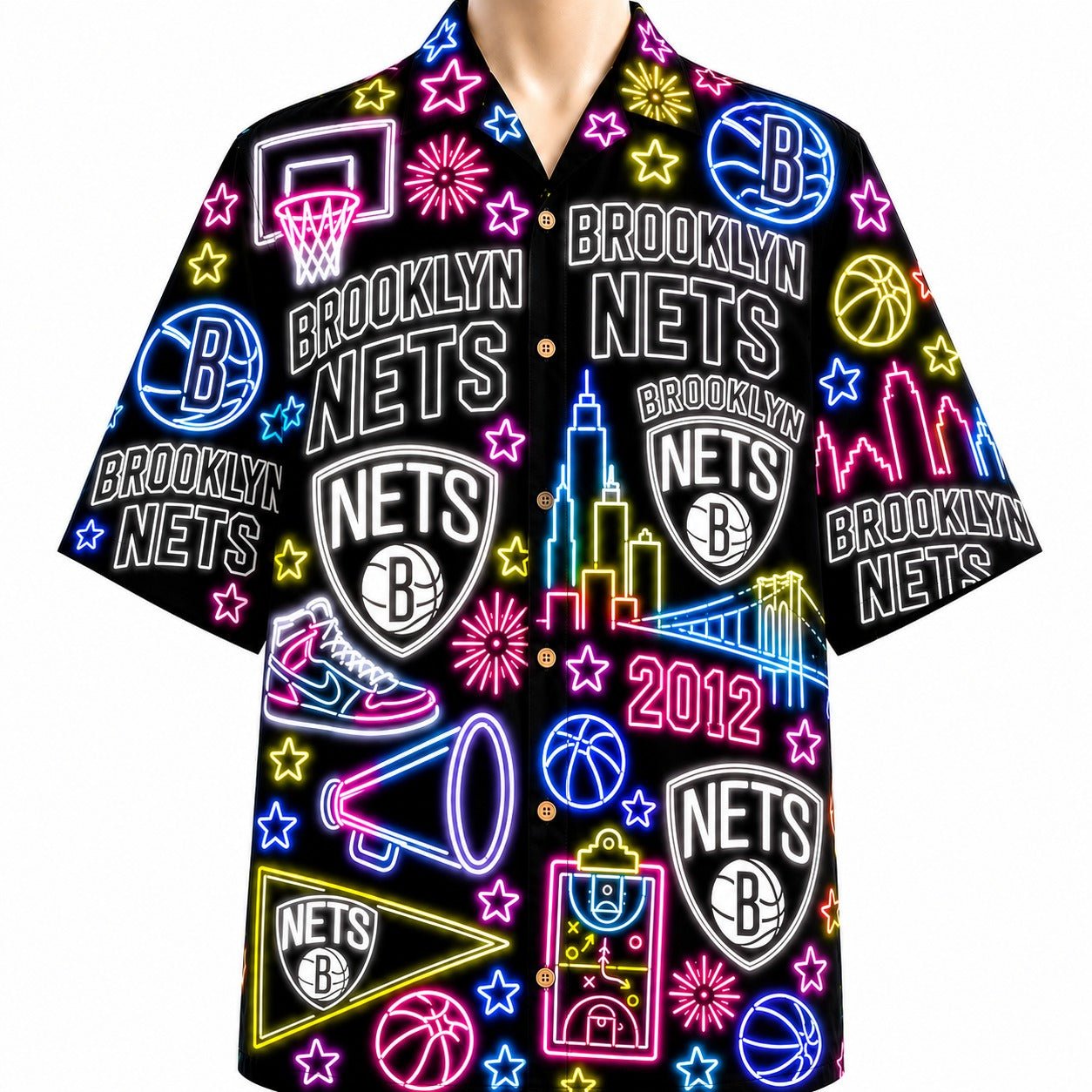 All Basketball Teams Neon Pattern Vibe Summer Party Button-Up Unisex Hawaiian Shirt For Men and Women