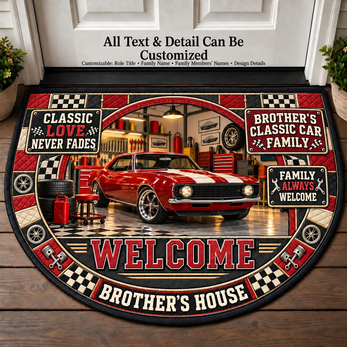 Brother's Classic Car Family Personalized Half Round Mat | 5To9Vibe