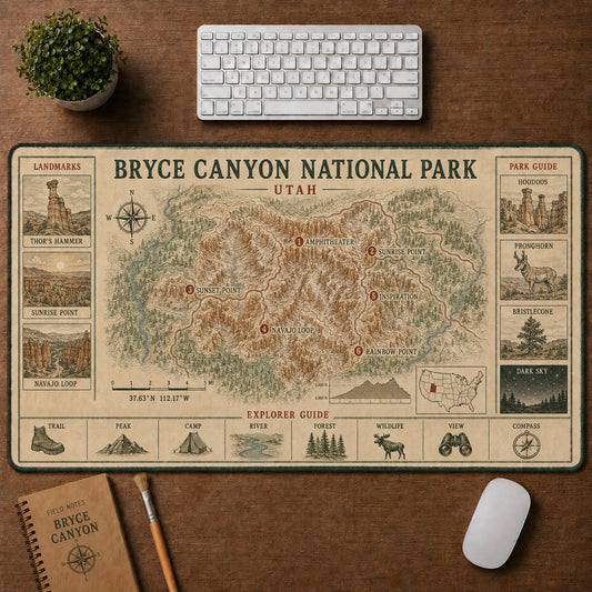 Bryce Canyon National Park Vintage Topographic Park Map Explorer Guide Desk Mat | 5To9Vibe
