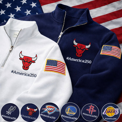 Football Logo America 250 Anniversary Embroidered Logo Premium Quarter Zip Sweatshirt, Inspired Quarter Zip Sweater