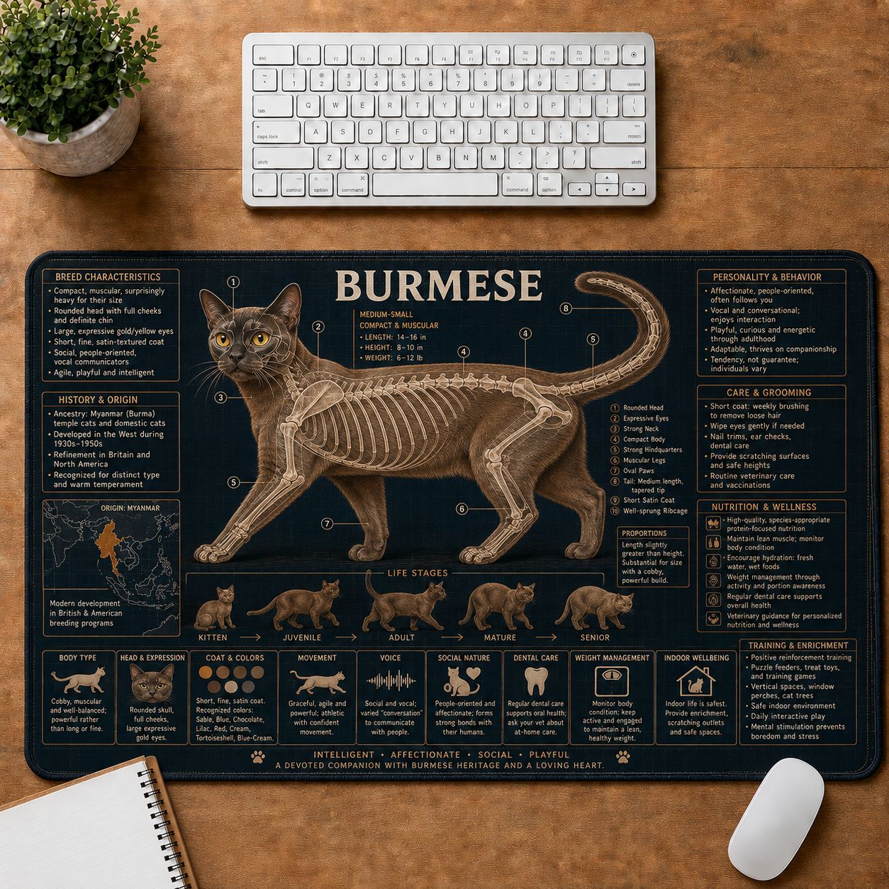 Burmese Cat Breed Desk Mat Anatomy Guide | 5To9Vibe