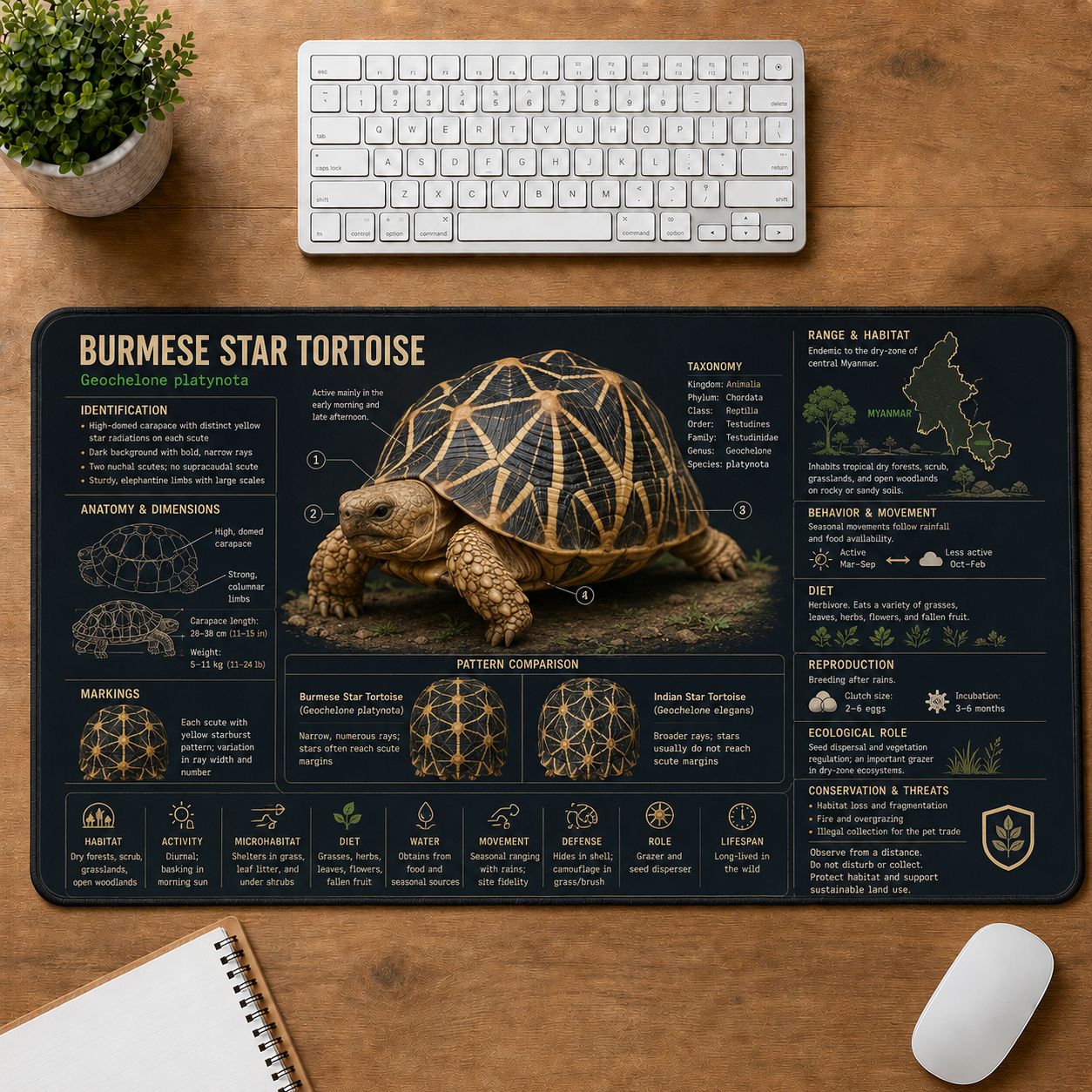 Burmese Star Tortoise Turtle and Tortoise Species Guide Desk Mat | 5To9Vibe