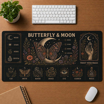Lunar Magic Hippie Desk Mat Mouse Pad | 5To9Vibe - Butterfly & Moon style