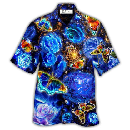 Hawaiian Shirt / Adults / S Butterfly Flower Glowing Blue Rose - Hawaiian Shirt 