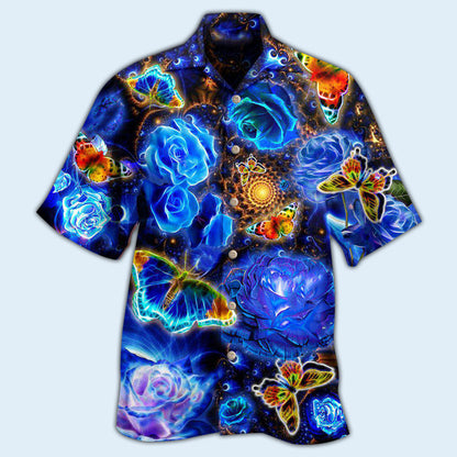 Butterfly Flower Glowing Blue Rose - Hawaiian Shirt 